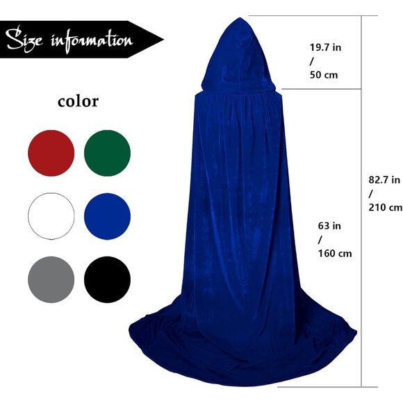Blue Witch Velvet Hooded Cloak Halloween Cape Queen King Renaissance Medieval - Picture 7 of 7